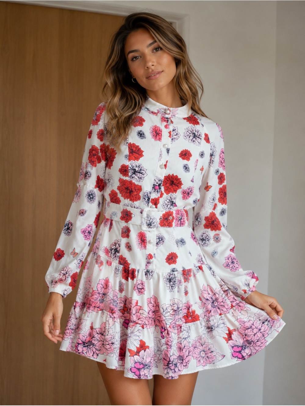 L'ATISTE White Floral Long-Sleeve Tiered Mini Dress Size-Small Garden Party